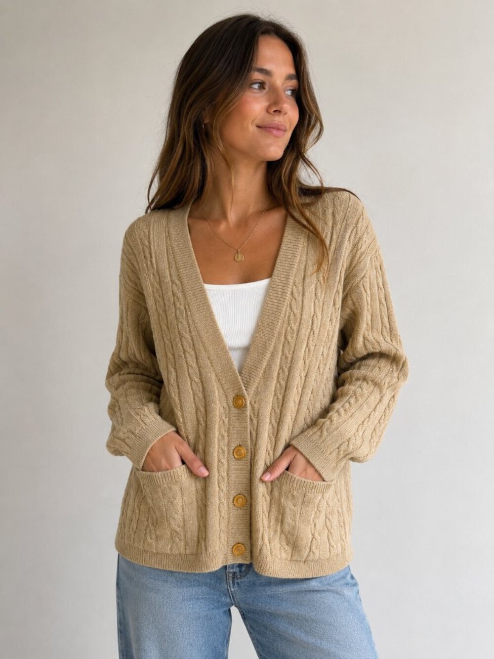 Vintage Caché Gold Lurex Deep V Wool Blend Cardigan M